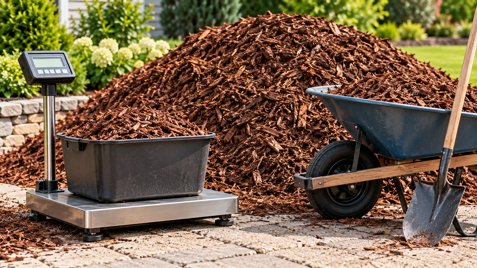 Cubic yard of mulch being weighed beside a wheelbarrow