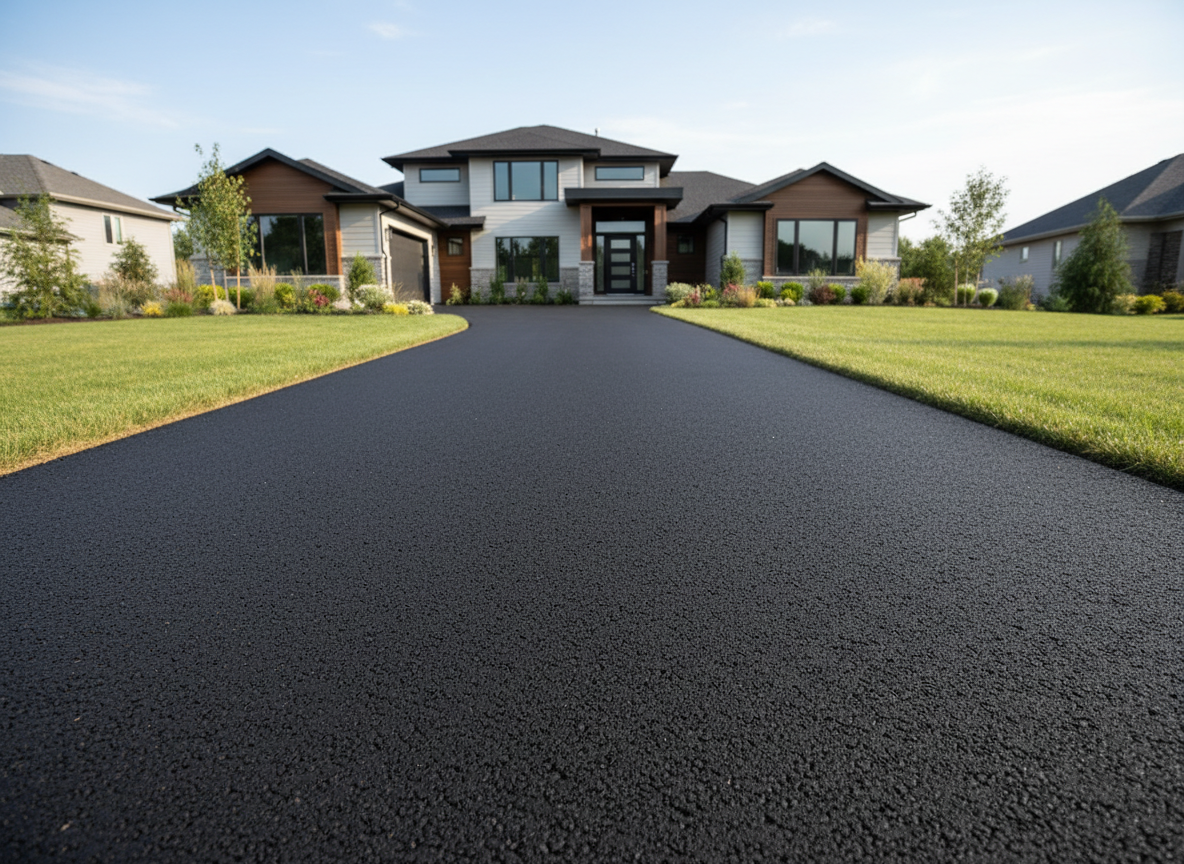 Freshly paved residential asphalt driveway with clean edges in front of a suburban home