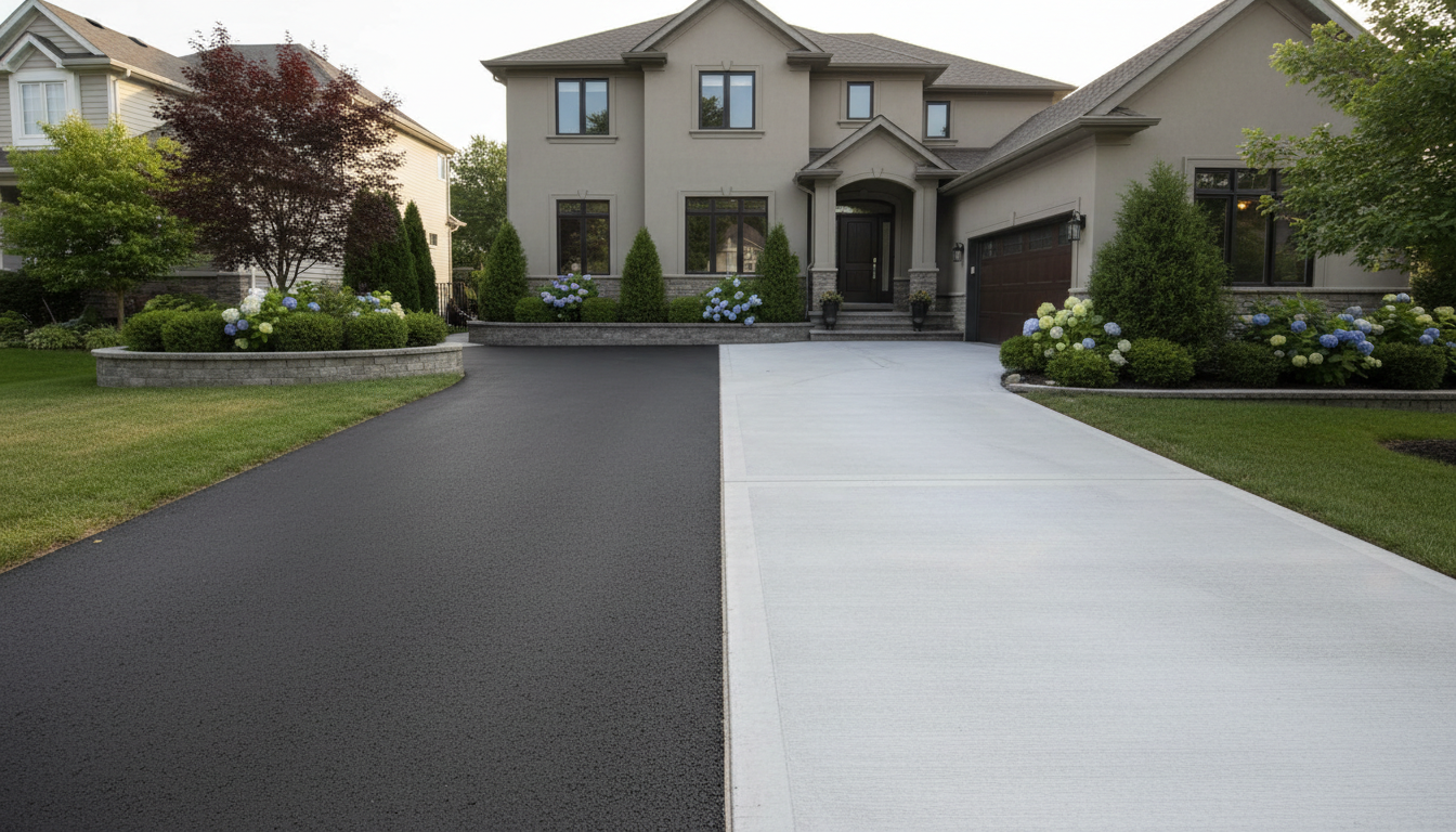 Asphalt and concrete residential driveways shown side by side.
