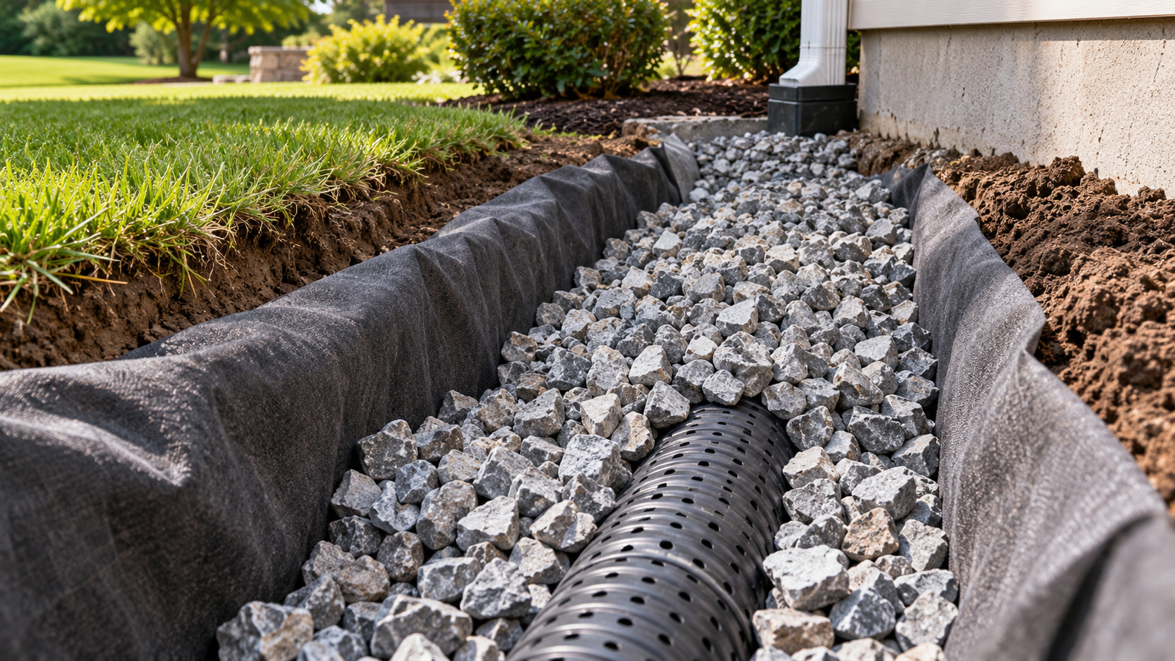 Clean crushed stone surrounding a perforated drainage pipe in a residential trench.