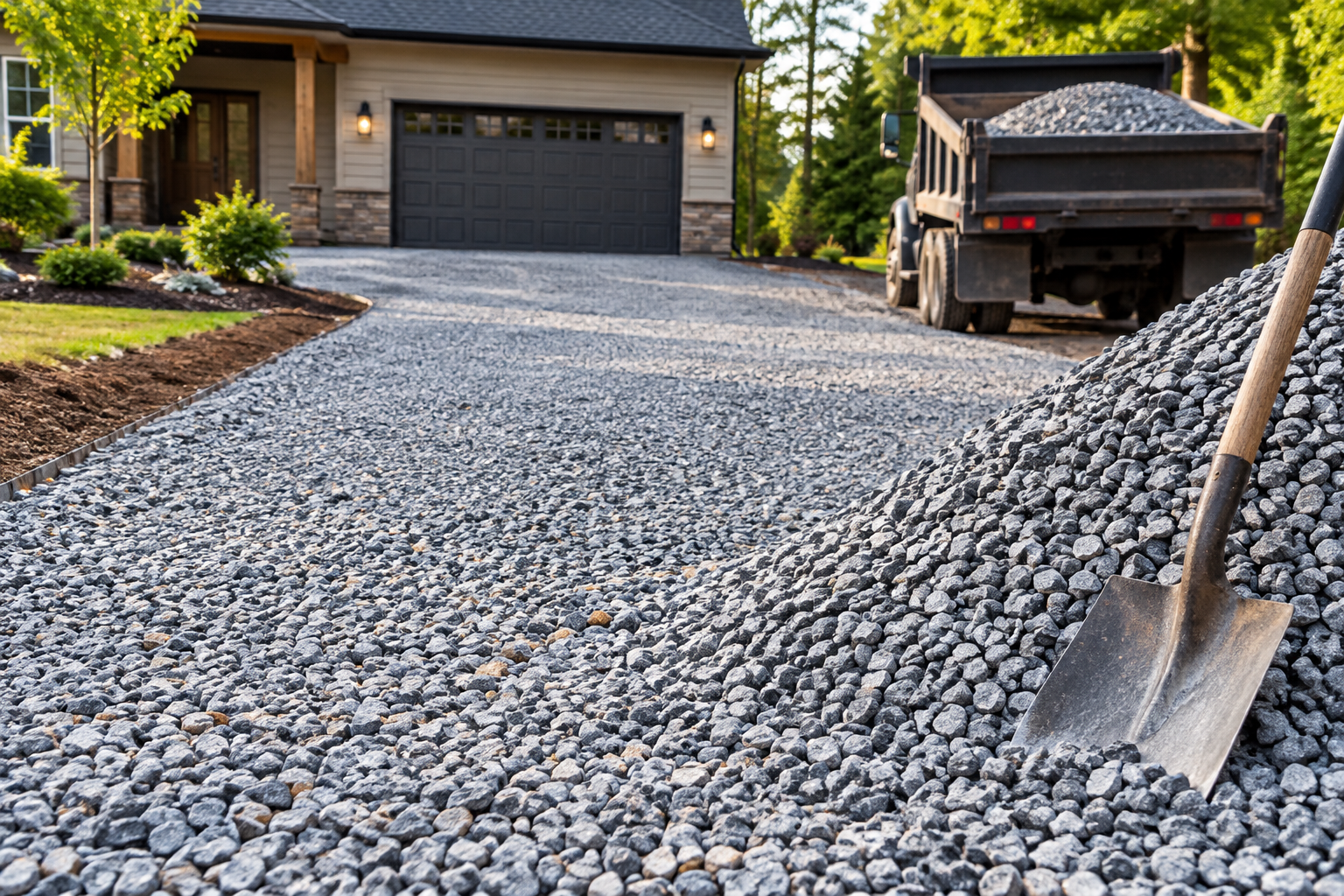 Fresh gravel driveway installation beside a home with gravel pile and dump truck