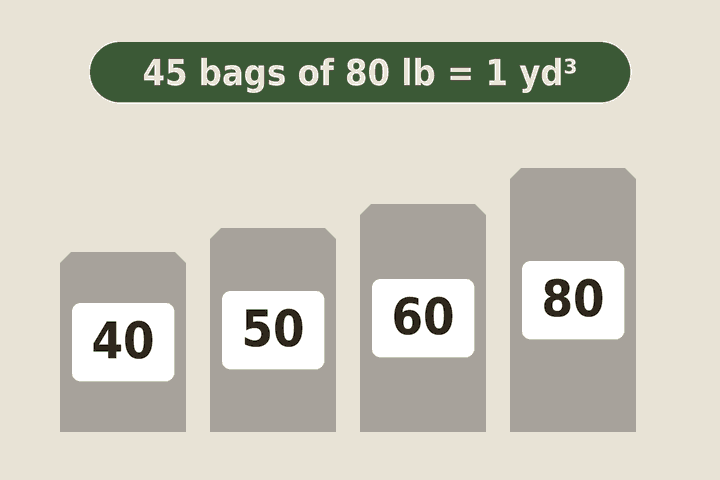Four concrete bags in 40, 50, 60 and 80 lb sizes, with 45 bags of 80 lb making one cubic yard