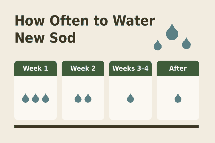 Week-by-week new sod watering timeline: week 1, week 2, weeks 3 to 4 and after rooting, with fewer water drops as the sod roots