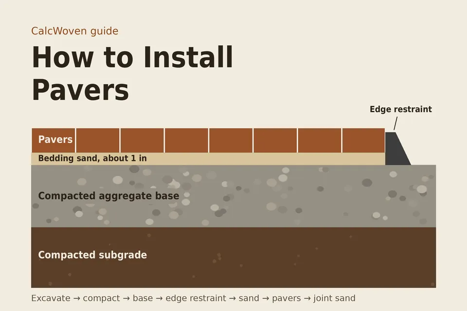 Cross-section diagram of a paver installation showing pavers, about 1 inch of bedding sand, compacted aggregate base, compacted subgrade and an edge restraint