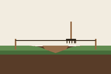 A lawn dip filled with soil, a rake and a level string line across the top