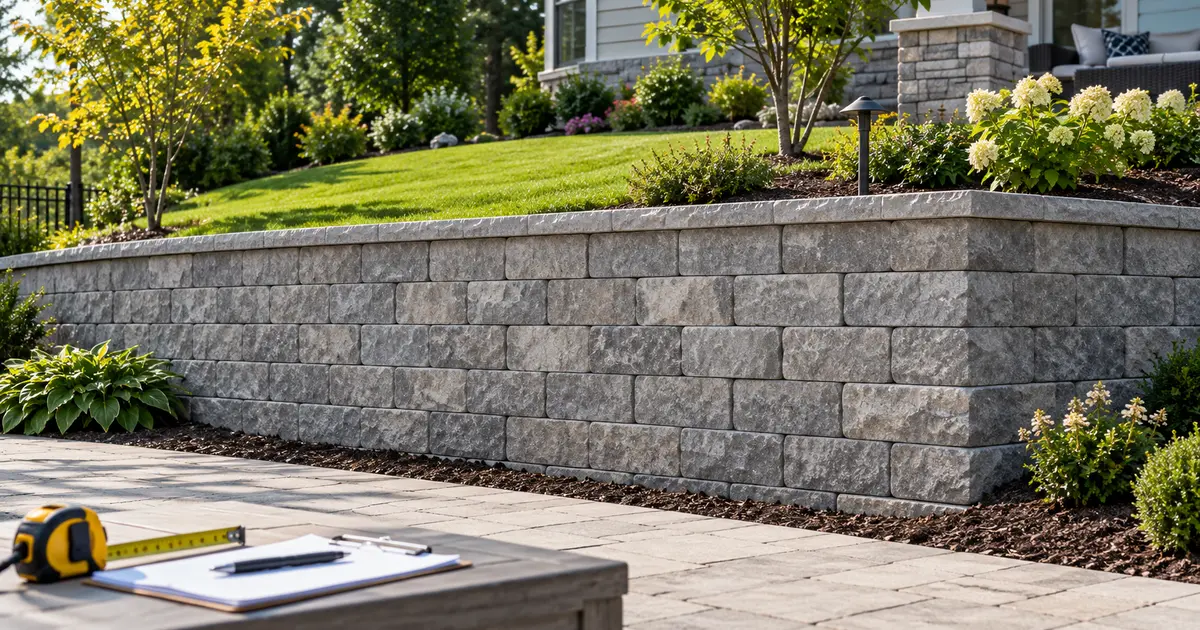 Concrete block retaining wall in a landscaped sloping yard
