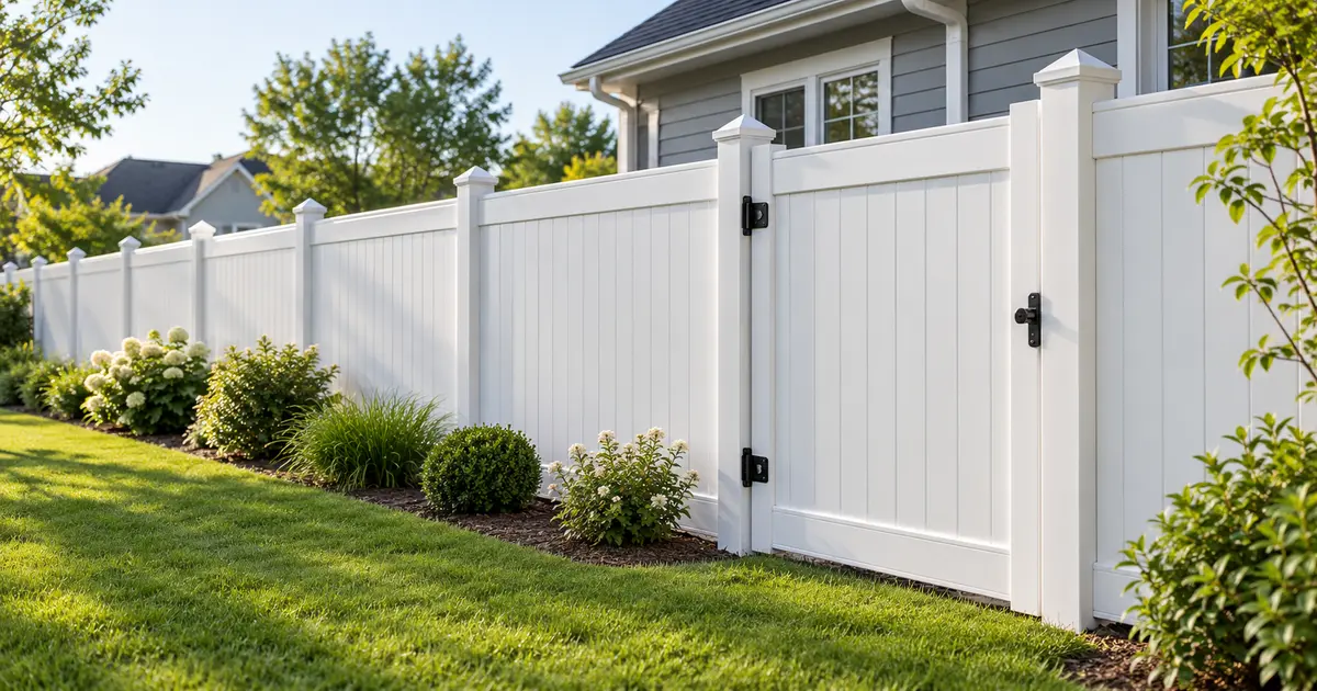 White vinyl privacy fence with a matching gate and black hardware beside a landscaped lawn.